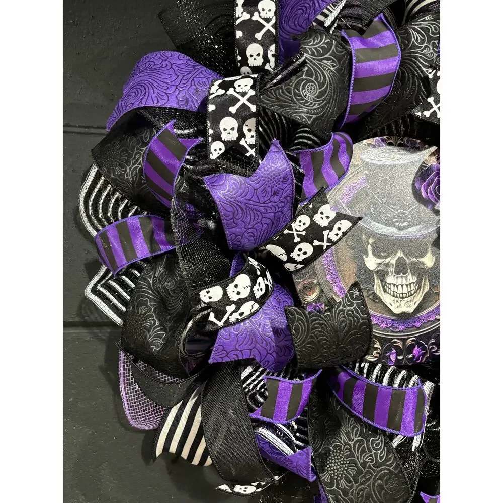 Halloween Wreath Gothic Purple Skull Handmade Deco Mesh 20 Inch